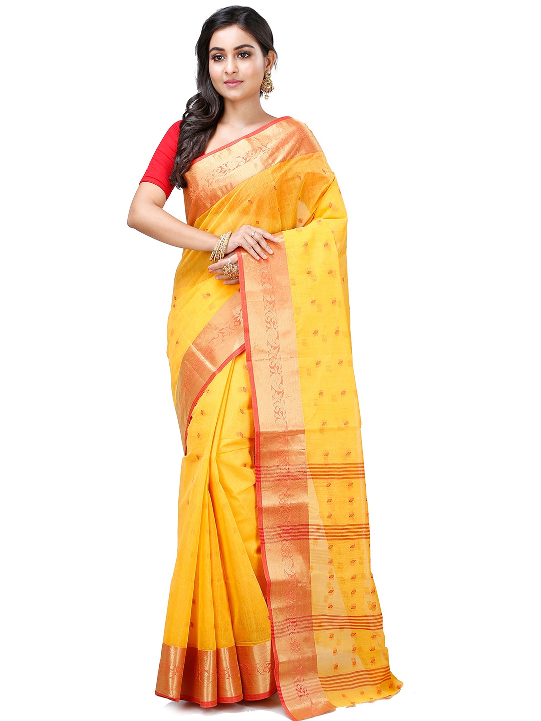 

PuJoy Woven Design Pure Cotton Taant Saree, Yellow