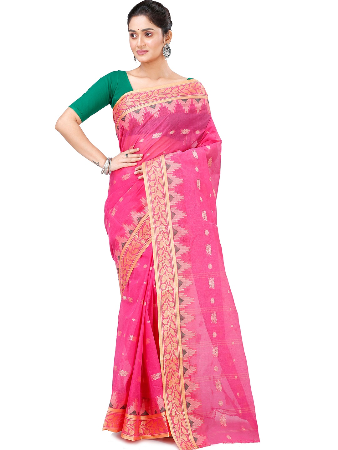 

PuJoy Ethnic Motifs Woven Design Zari Pure Cotton Handloom Taant Saree, Pink