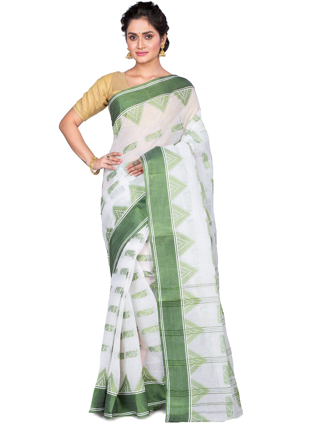 

PuJoy Woven Design Pure Cotton Taant Saree, White