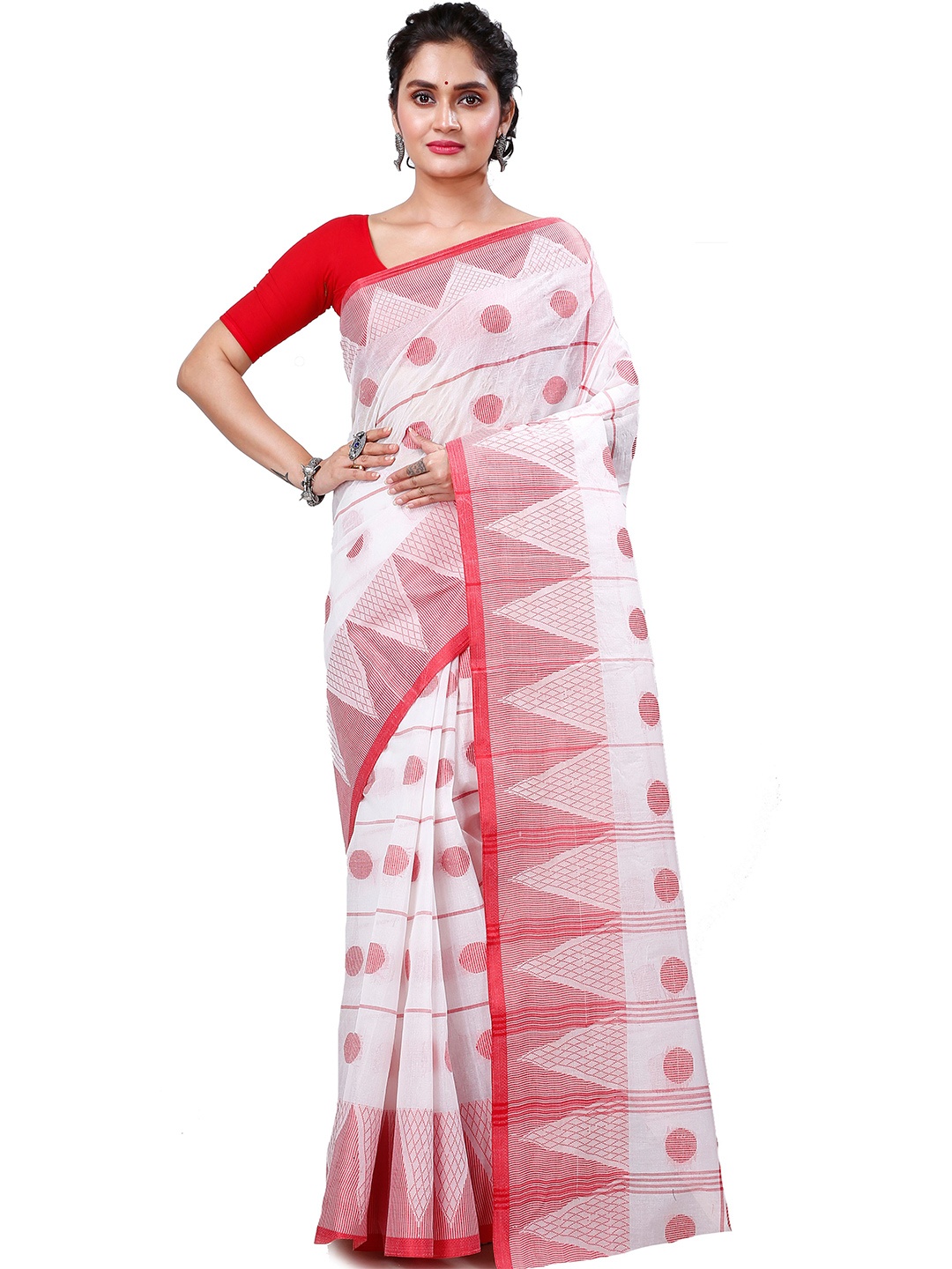 

PuJoy Woven Design Pure Cotton Taant Saree, White