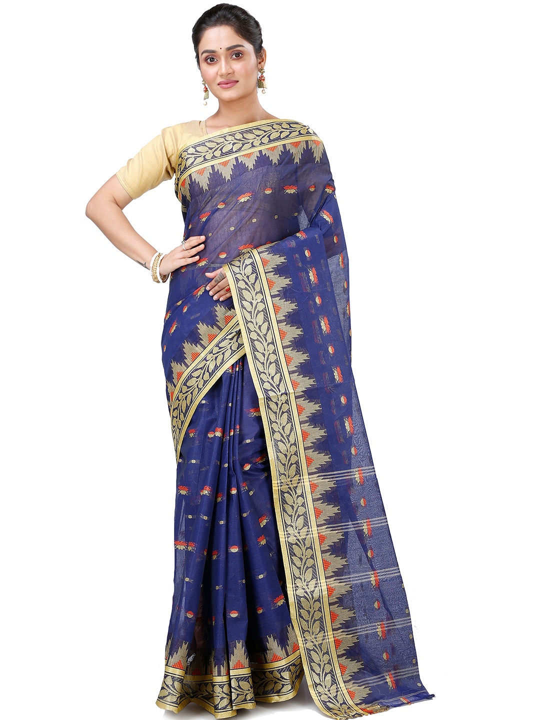 

PuJoy Woven Design Pure Cotton Taant Saree, Navy blue