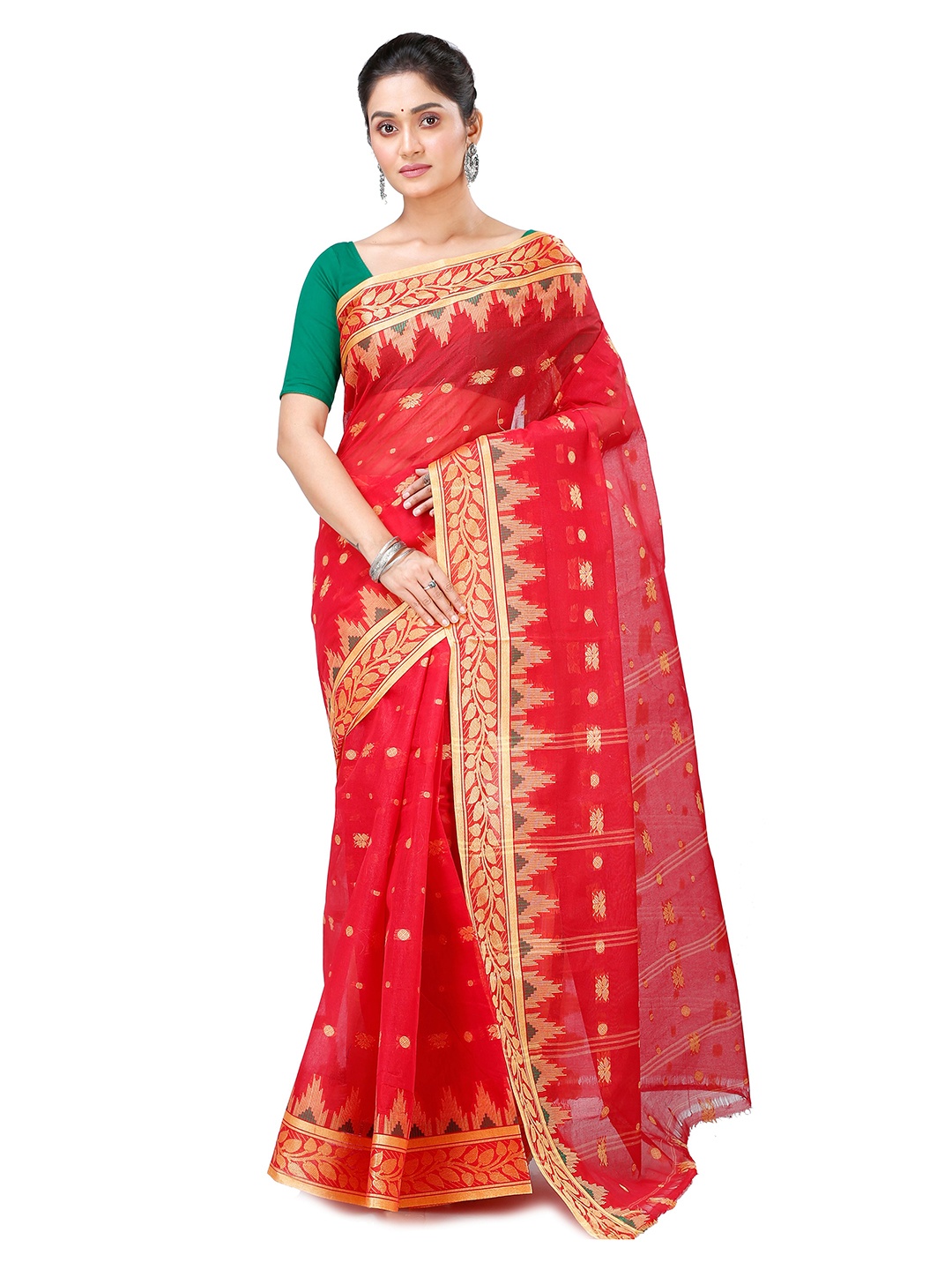 

PuJoy Woven Design Pure Cotton Taant Saree, Red