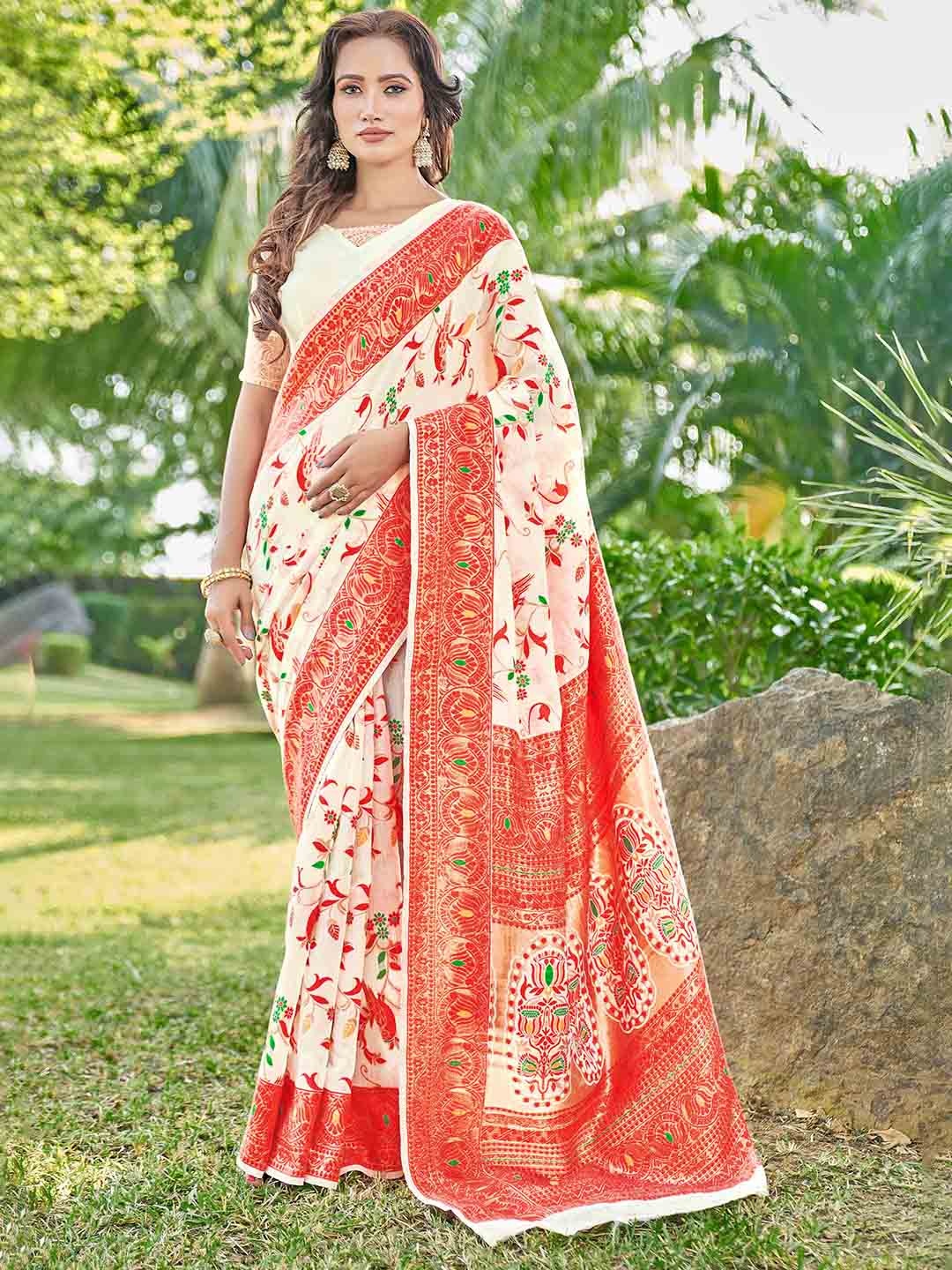 

Chandbaali Floral Woven Design Zari Pashmina Banarasi Saree, Cream