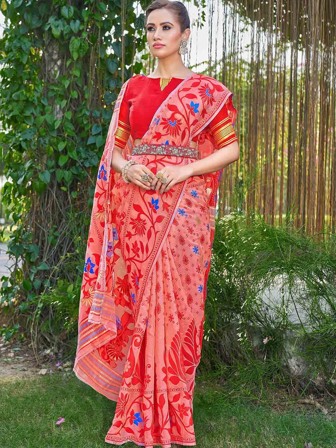 

Chandbaali Floral Woven Design Zari Silk Cotton Jamdani Saree, Peach