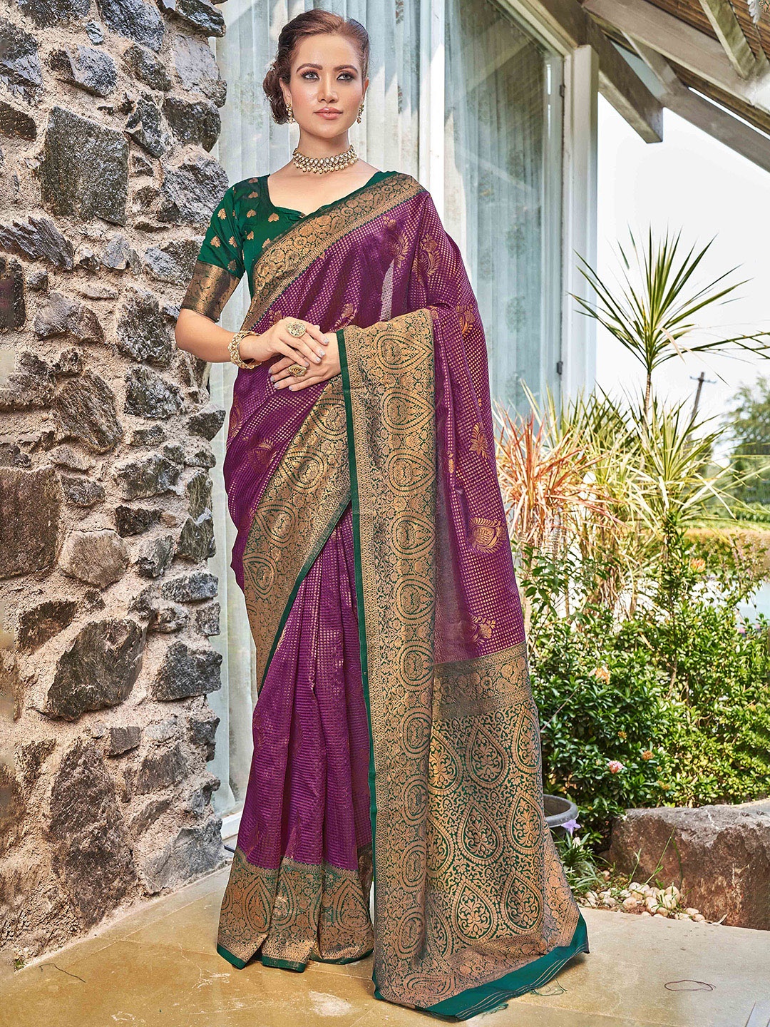 

Chandbaali Ethnic Motifs Woven Design Zari Kanjeevaram Saree, Purple