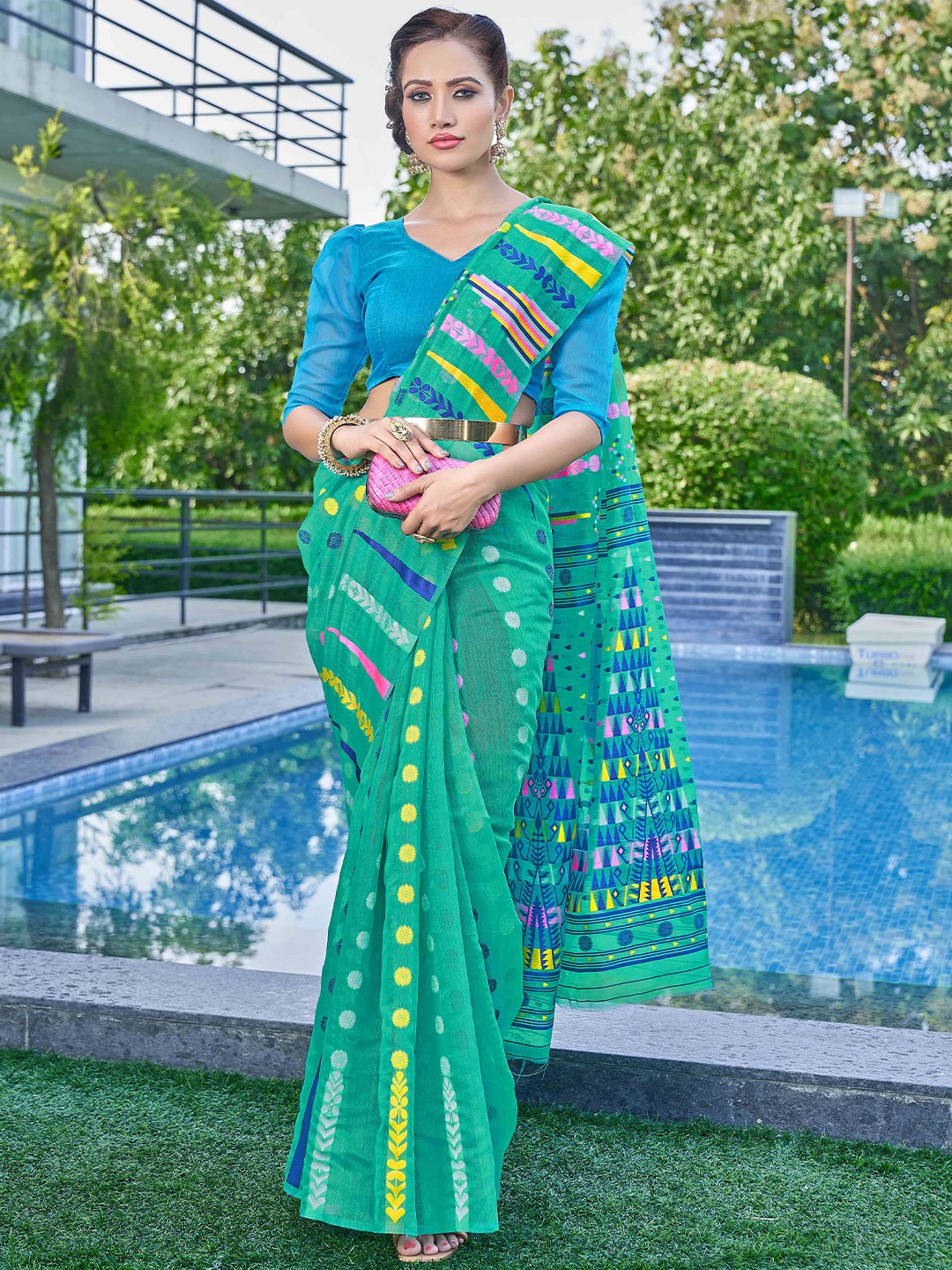 

Chandbaali Sea Abstract Woven Design Jamdani Saree, Sea green