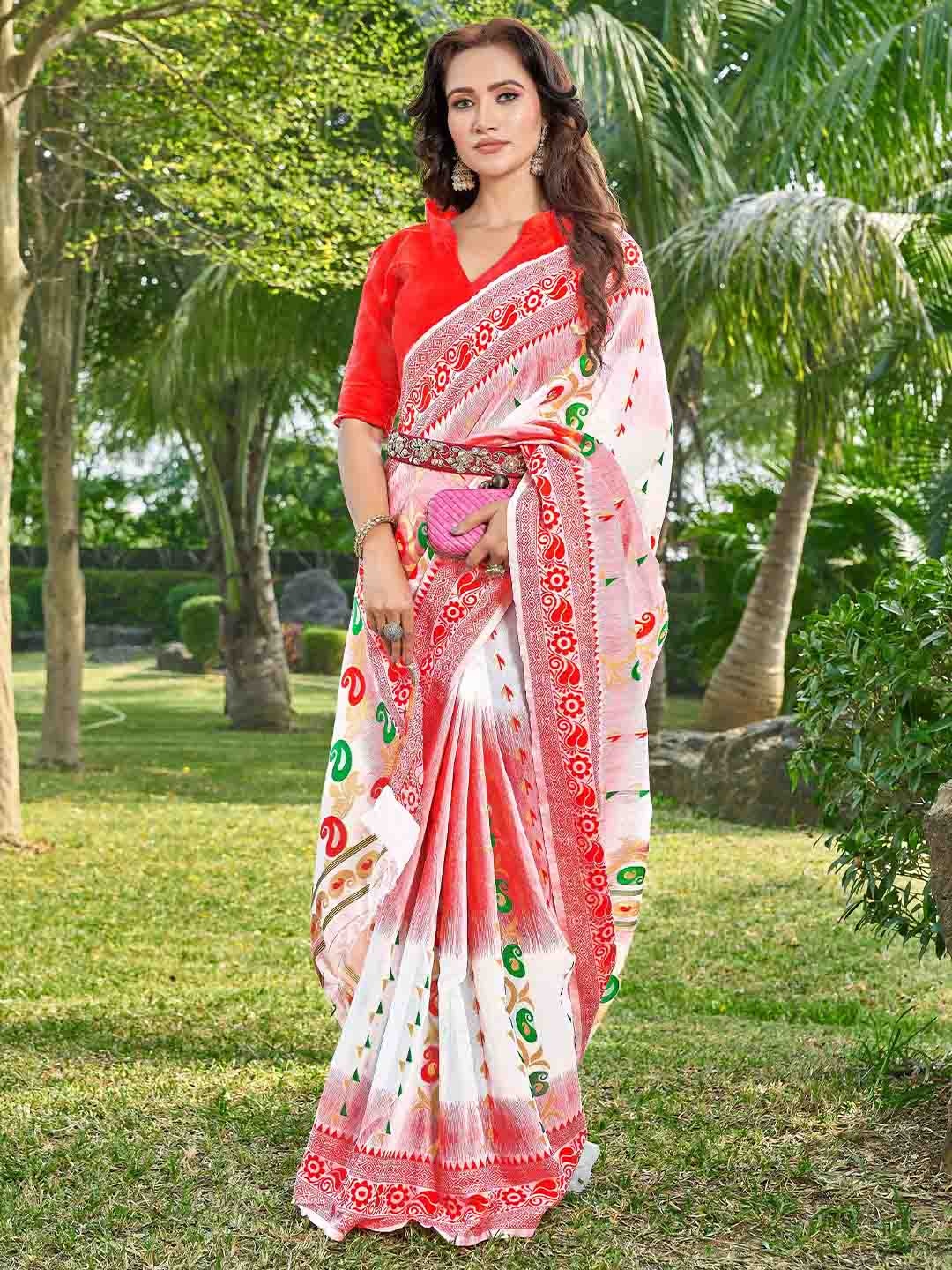 

Chandbaali Paisley Woven Design Zari Silk Cotton Jamdani Saree, White