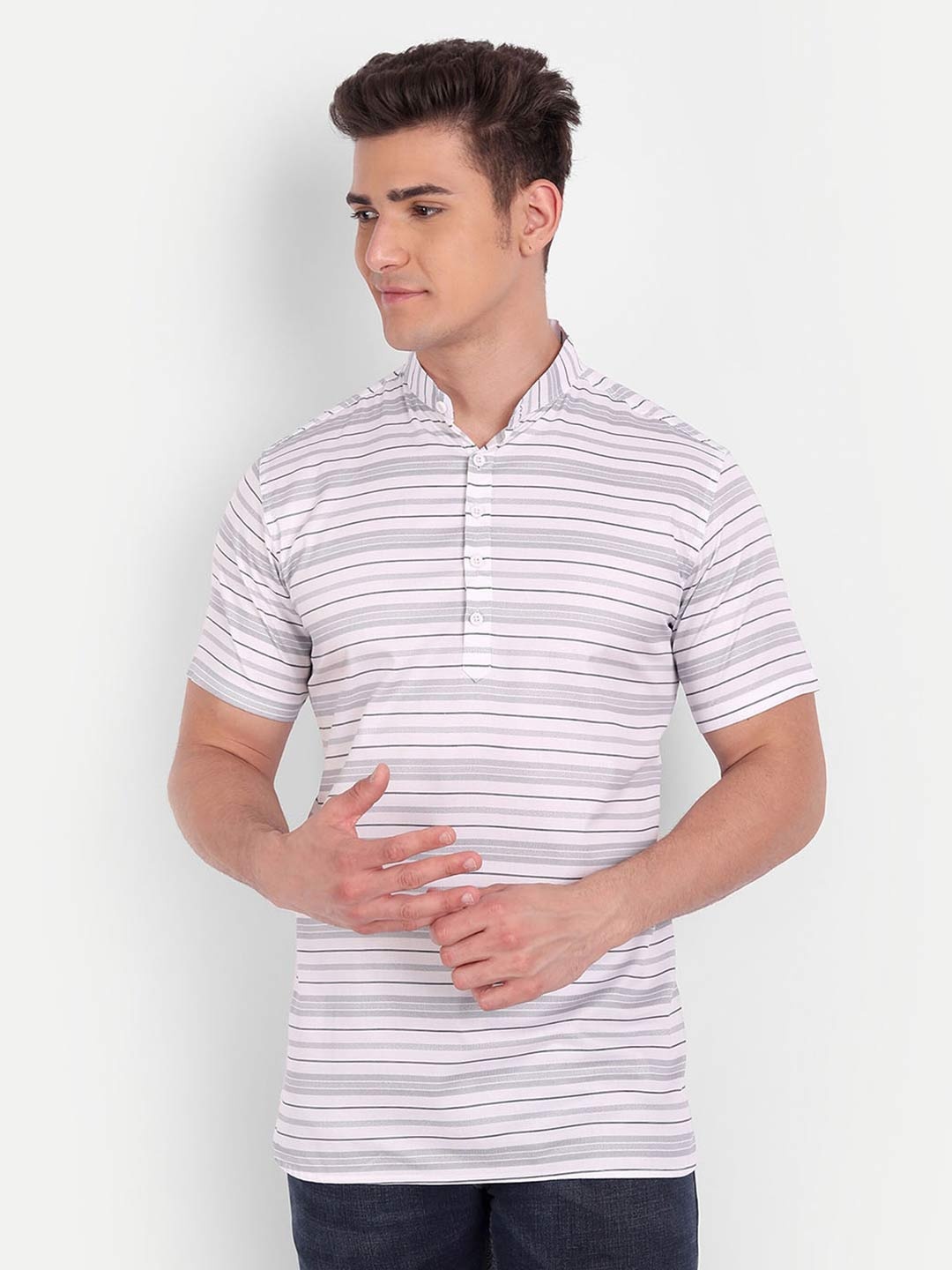 

Vida Loca Striped Band Collar Pure Cotton Kurta, White