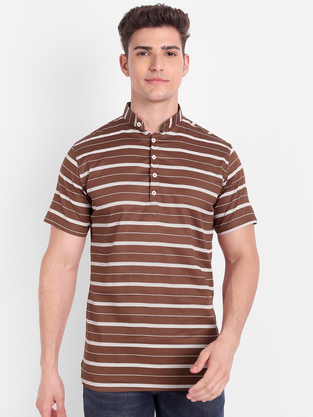 

Vida Loca Striped Band Collar Pure Cotton Kurta, Rust