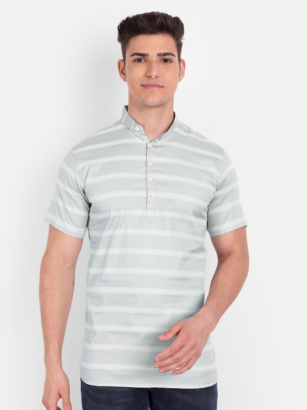 

Vida Loca Striped Band Collar Pure Cotton Kurta, Sea green