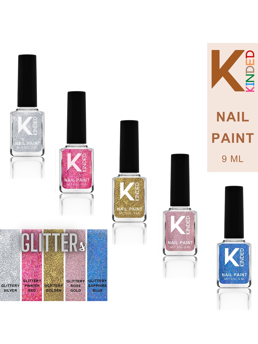 

KINDED 5Pcs Long Stay Glittery Nail Polish -9ml - Shades 11 to 15, Multi