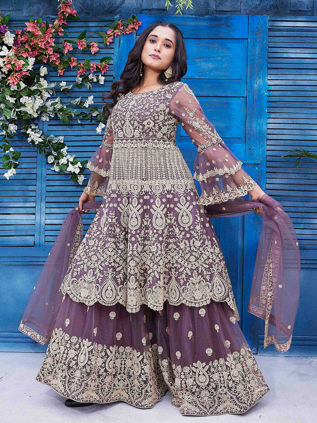 

Ariya Prints Ethnic Motifs Embroidered Beads and Stones Kurta with Sharara & Dupatta, Purple
