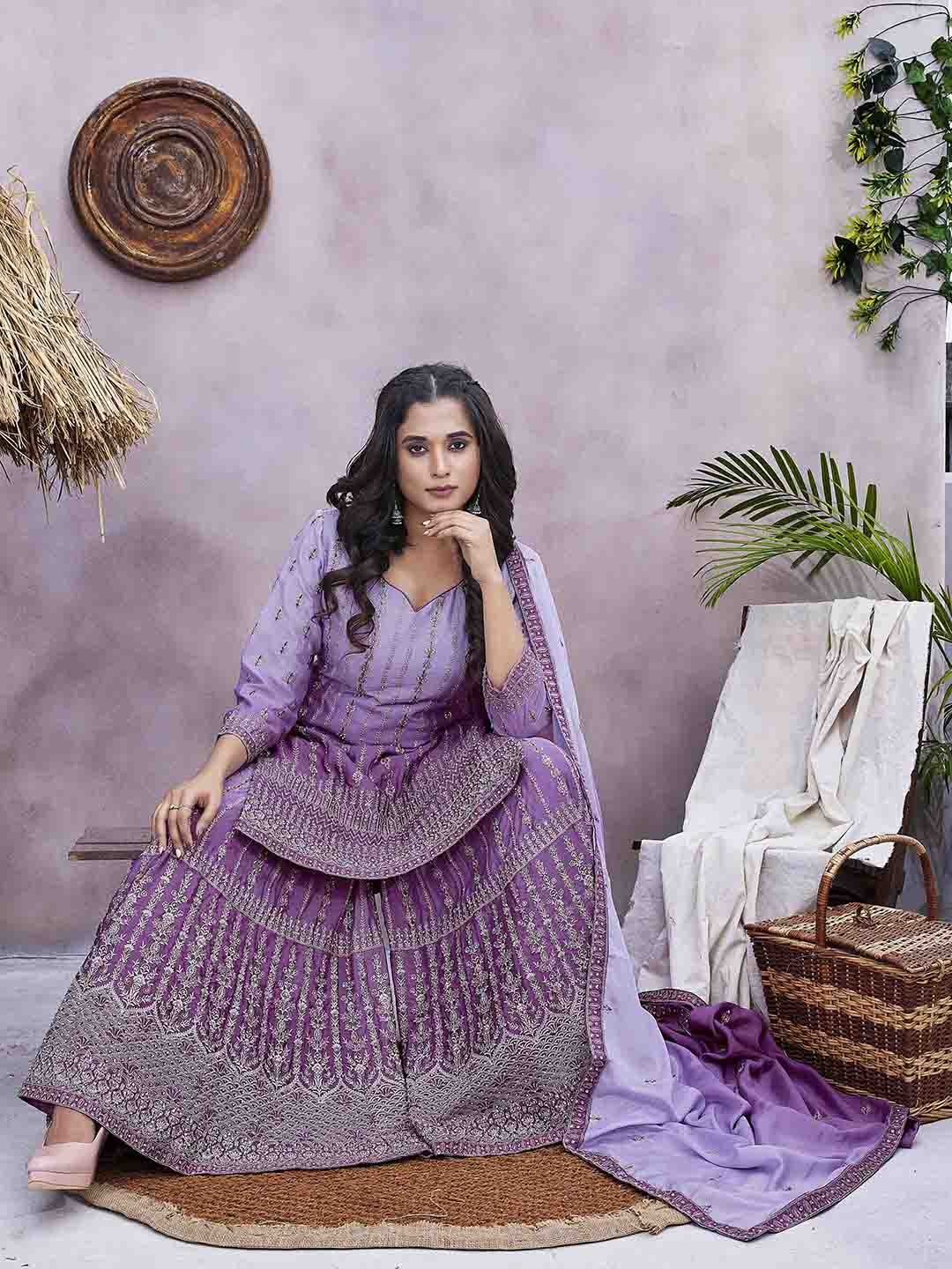 

Ariya Prints Ethnic Motifs Embroidered Pure Silk Pathani Kurta With Sharara & Dupatta, Lavender