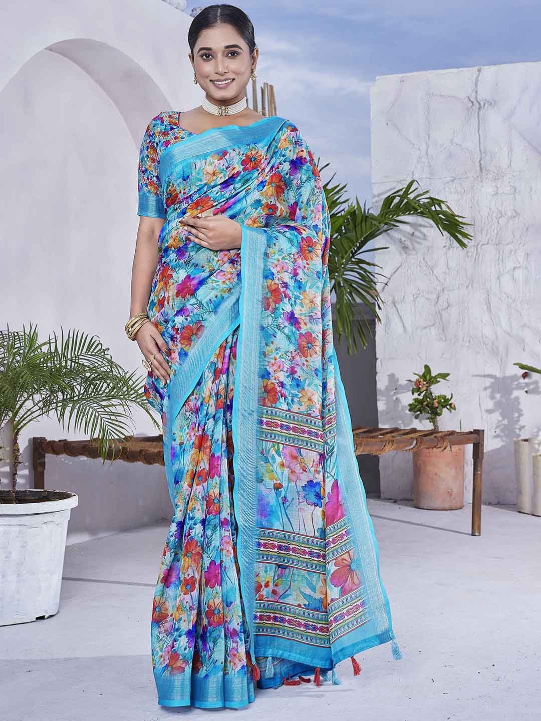 

Ariya Prints Woven Design Floral Printed Zari Saree, Blue