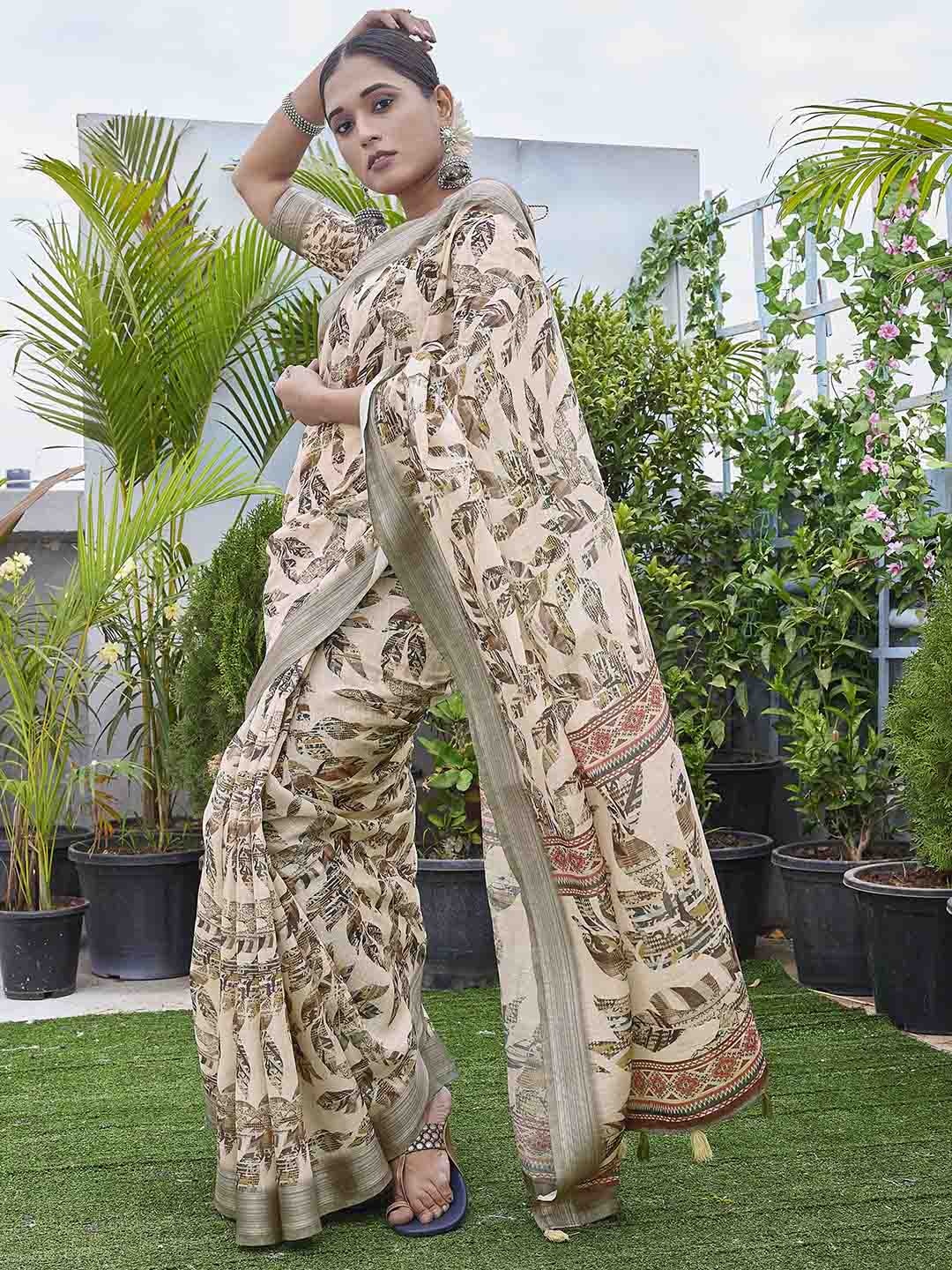 

Ariya Prints Floral Printed Woven Design Zari Saree, Cream