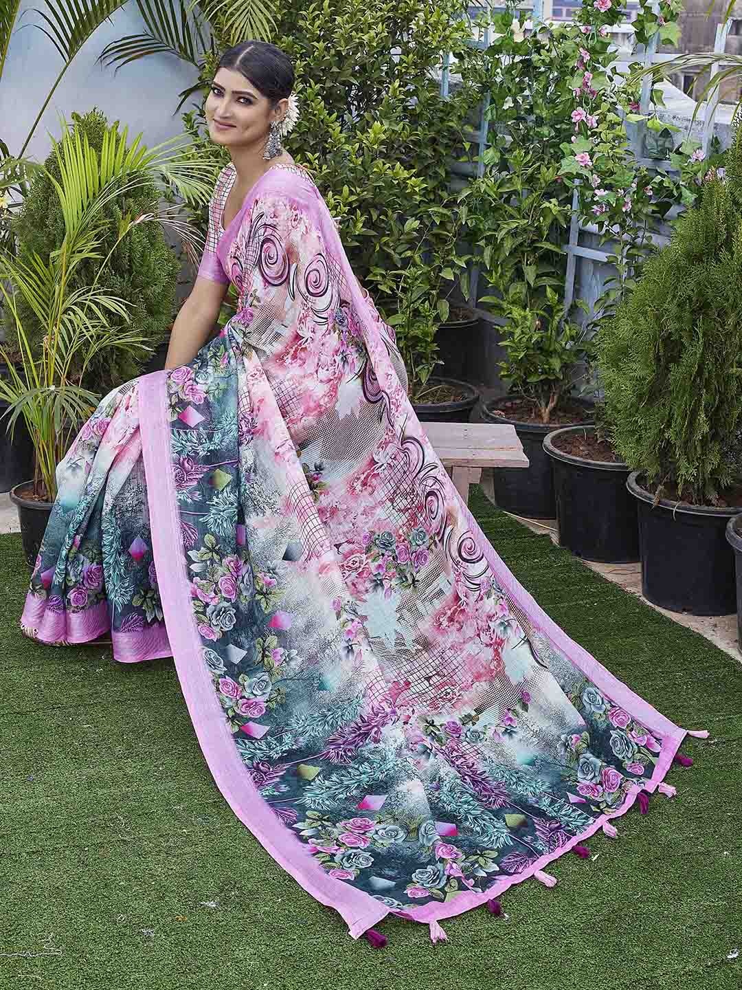 

Ariya Prints Floral Printed Woven Design Zari Saree, Pink