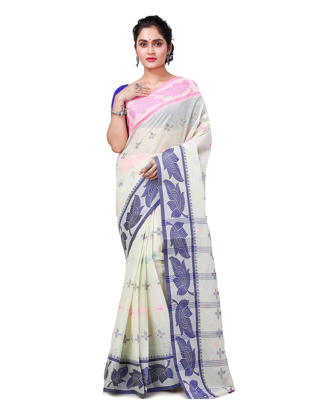 

PuJoy Floral Print Pure Cotton Taant Saree, Off white