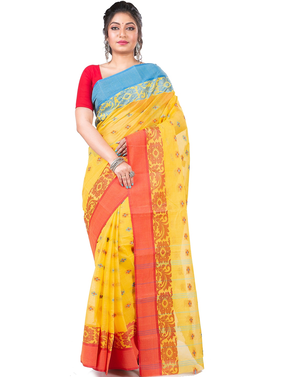 

PuJoy Ethnic Print Zari Pure Cotton Taant Saree, Yellow