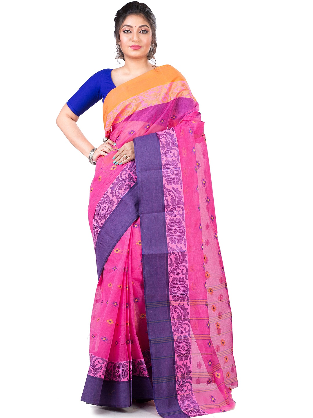 

PuJoy Woven Design Pure Cotton Taant Saree, Pink