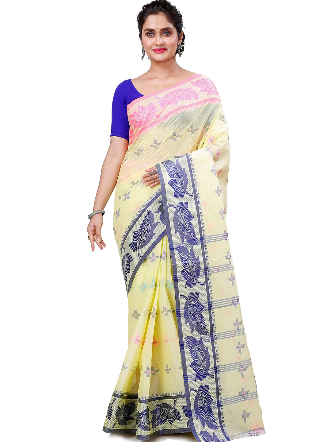 

PuJoy Woven Design Pure Cotton Taant Saree, Cream