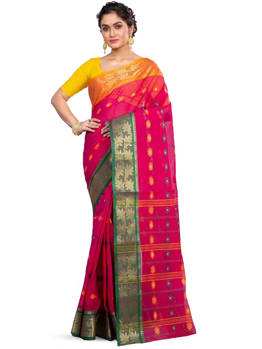 

PuJoy Woven Design Zari Pure Cotton Taant Saree, Red