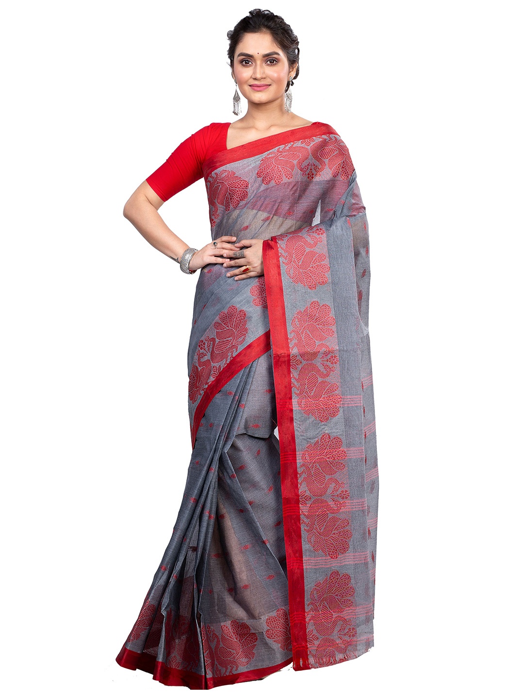 

PuJoy Ethnic Motifs Woven Design Zari Pure Cotton Handloom Taant Saree, Grey