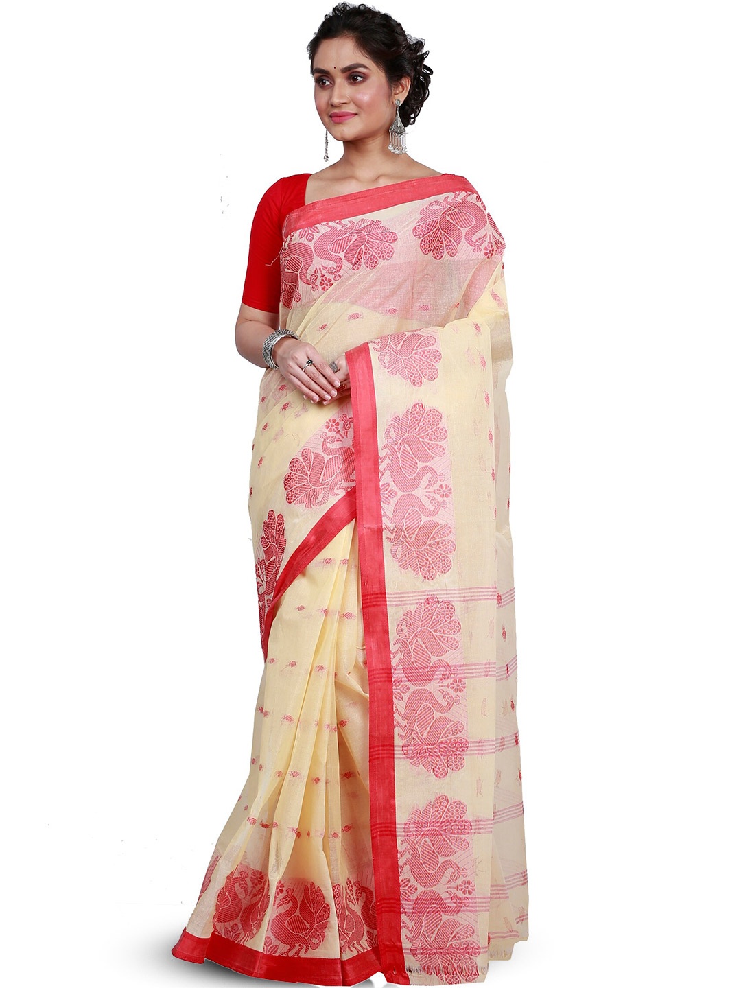 

PuJoy Woven Design Pure Cotton Taant Saree, Cream