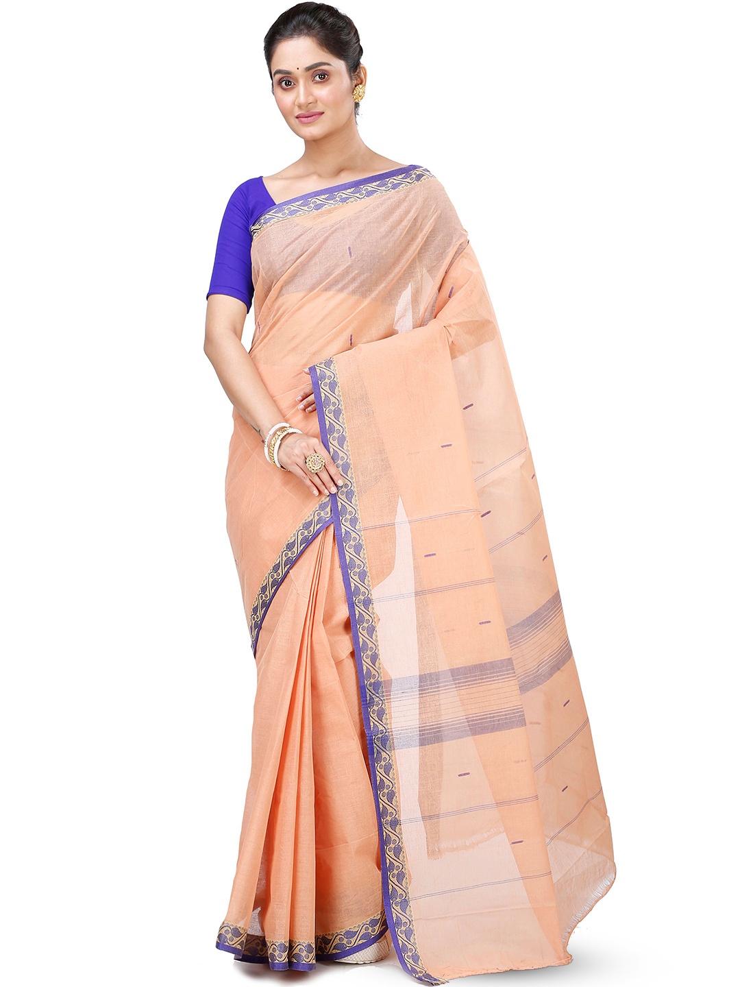 

PuJoy Ethnic Print Zari Pure Cotton Taant Saree, Peach