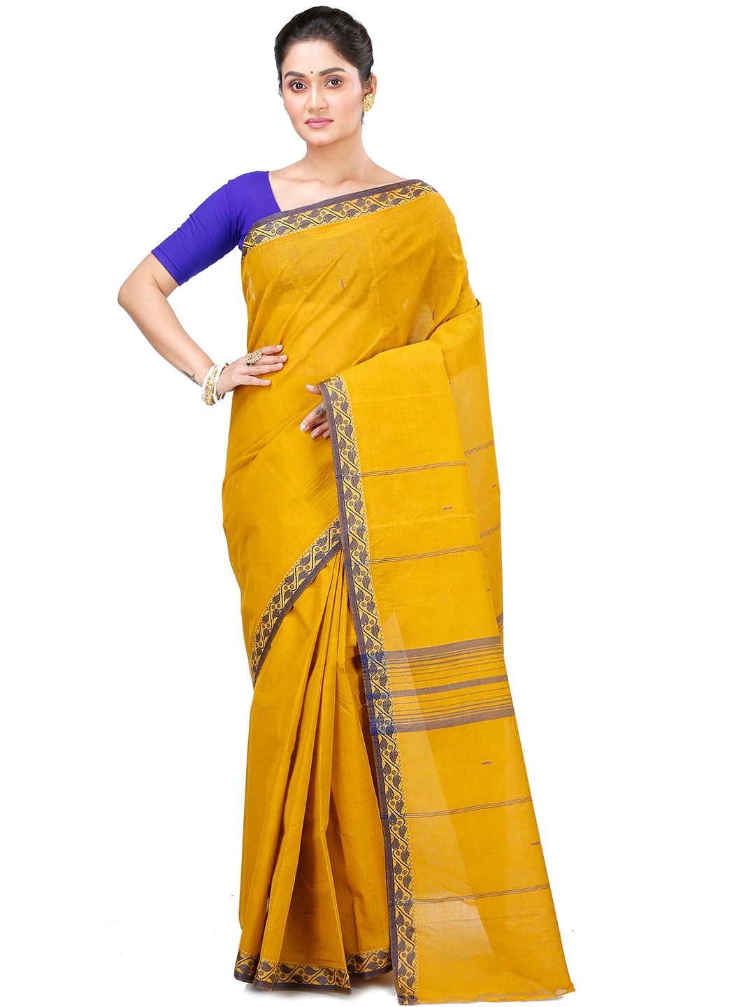 

PuJoy Woven Design Pure Cotton Taant Saree, Mustard