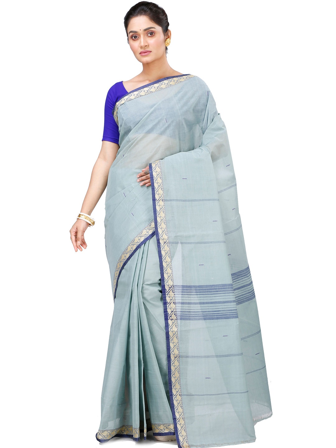

PuJoy Grey & Blue Woven Design Pure Cotton Taant Saree