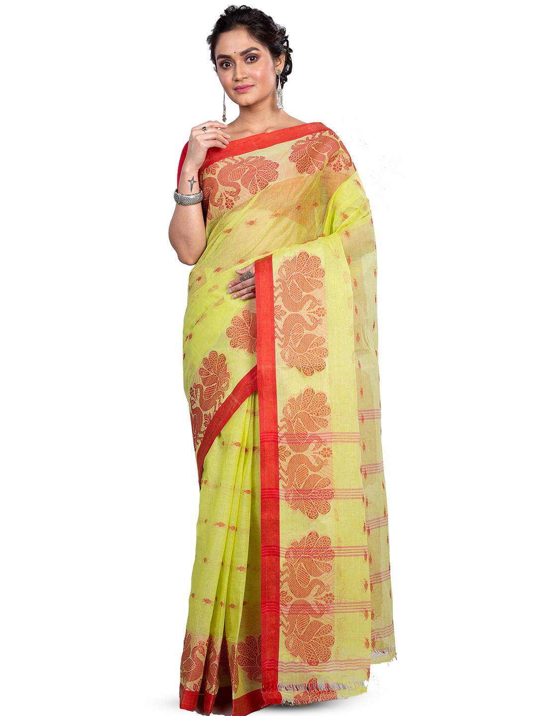 

PuJoy Woven Design Pure Cotton Taant Saree, Green