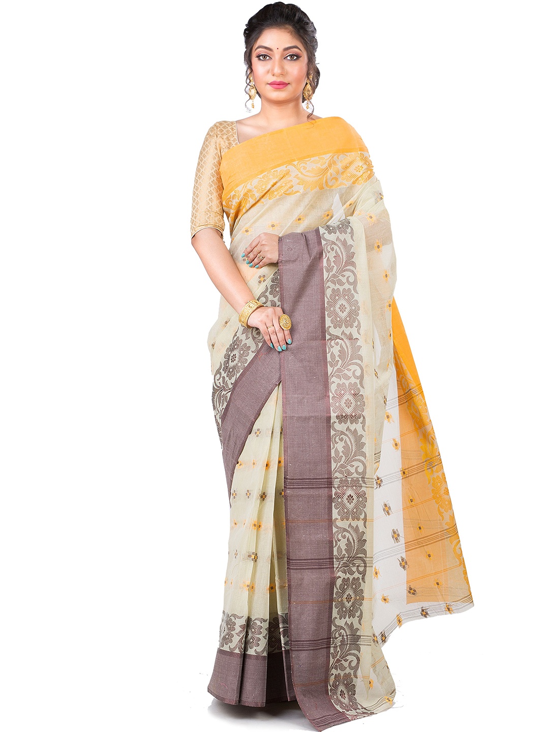 

PuJoy Ethnic Motifs Woven Design Pure Cotton Handloom Taant Saree, Off white