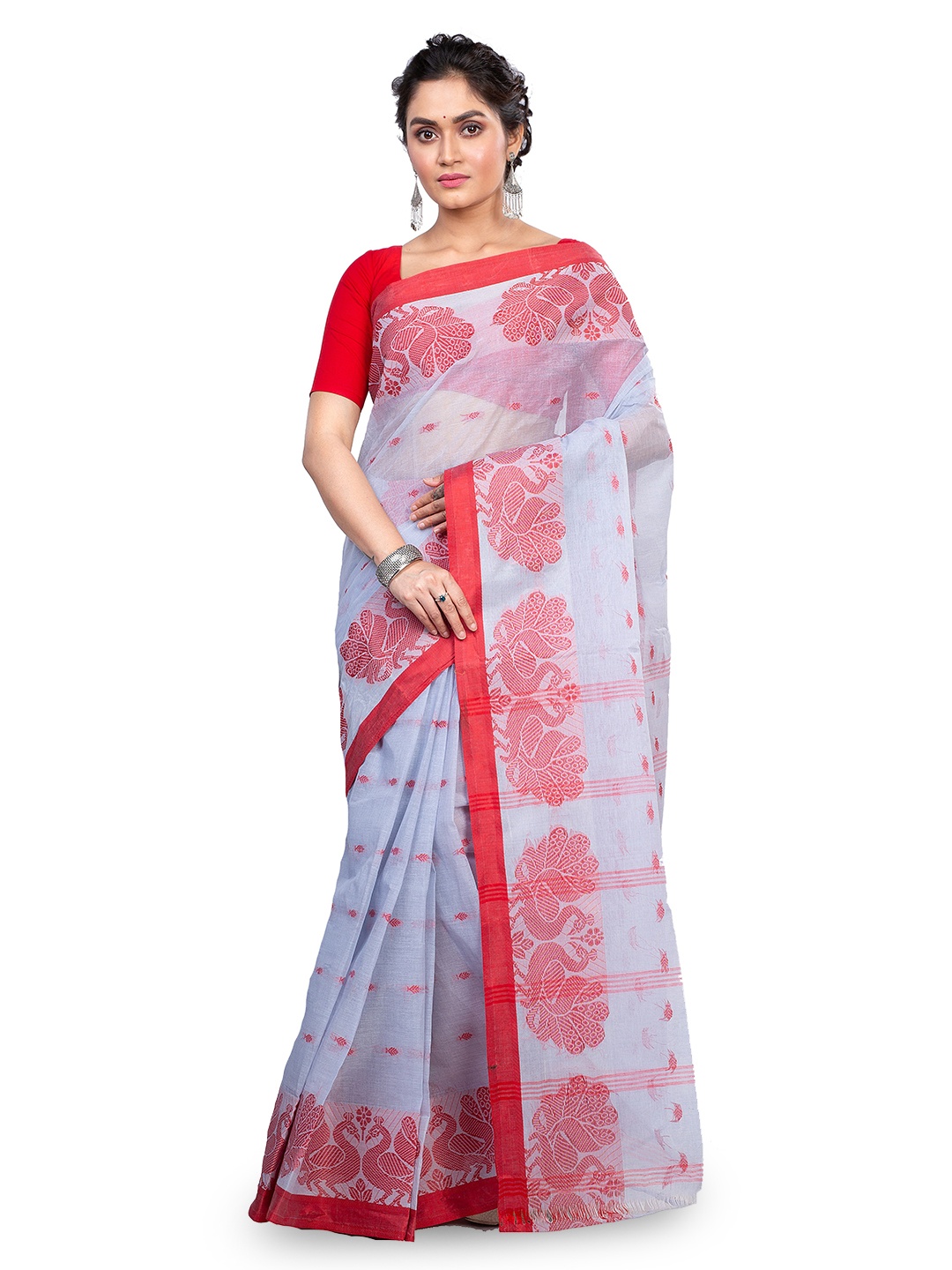 

PuJoy Ethnic Motifs Woven Design Pure Cotton Handloom Taant Saree, Grey