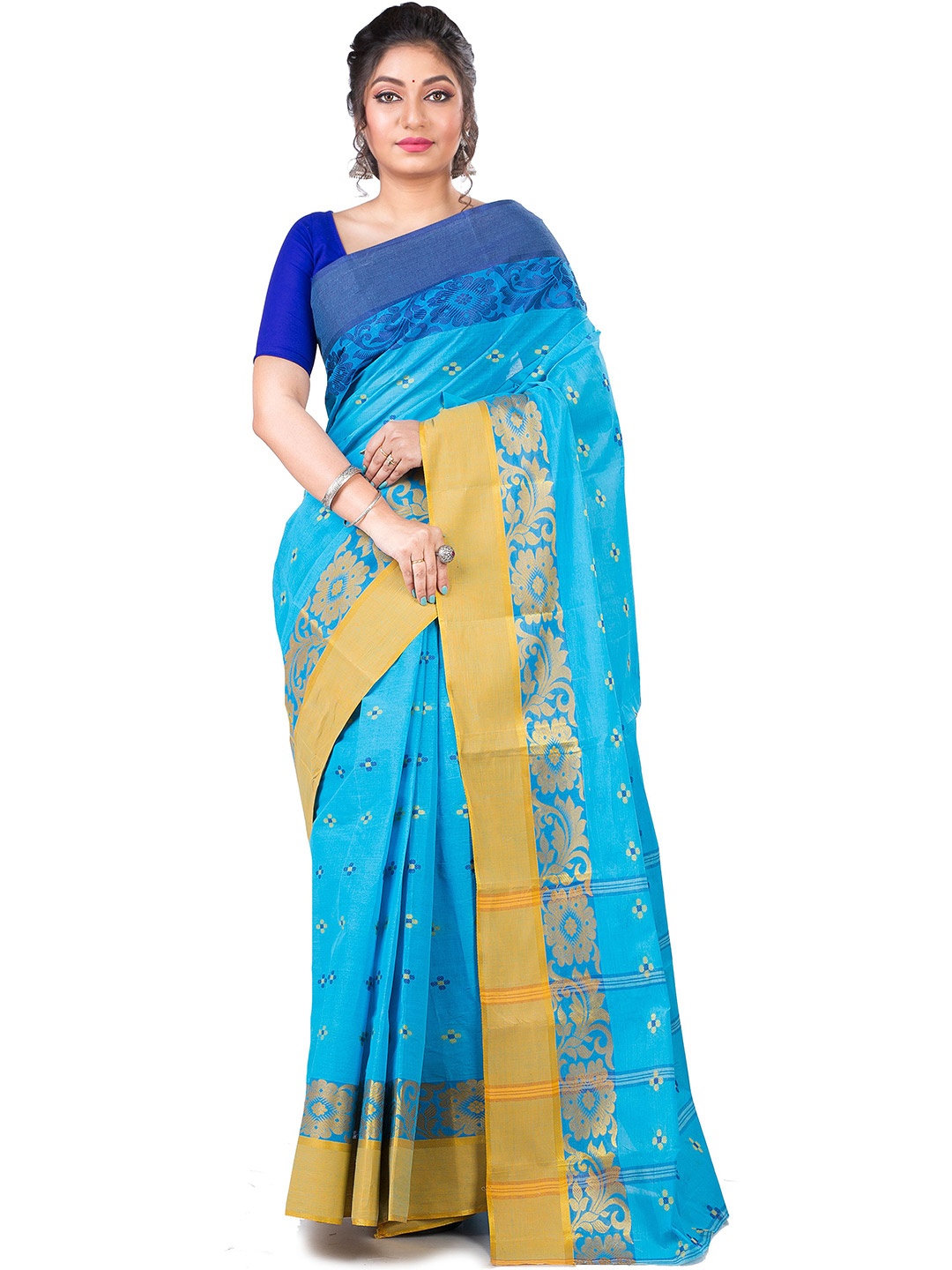 

PuJoy Ethnic Motifs Woven Design Pure Cotton Handloom Taant Saree, Blue