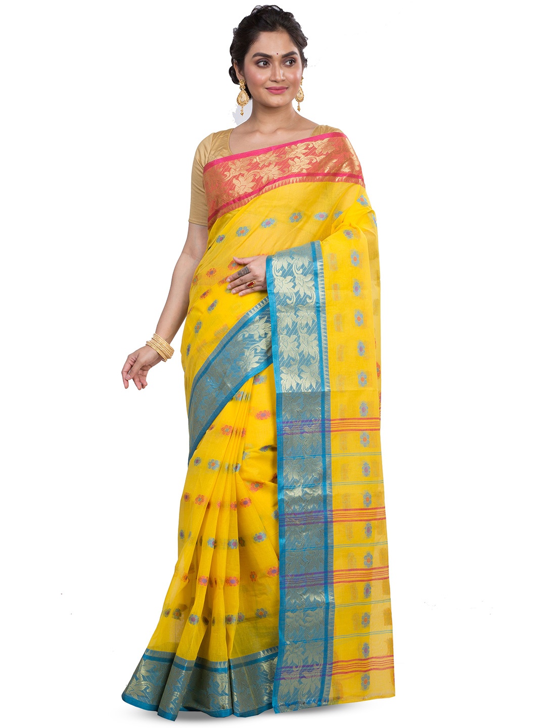 

PuJoy Woven Design Zari Pure Cotton Taant Saree, Yellow