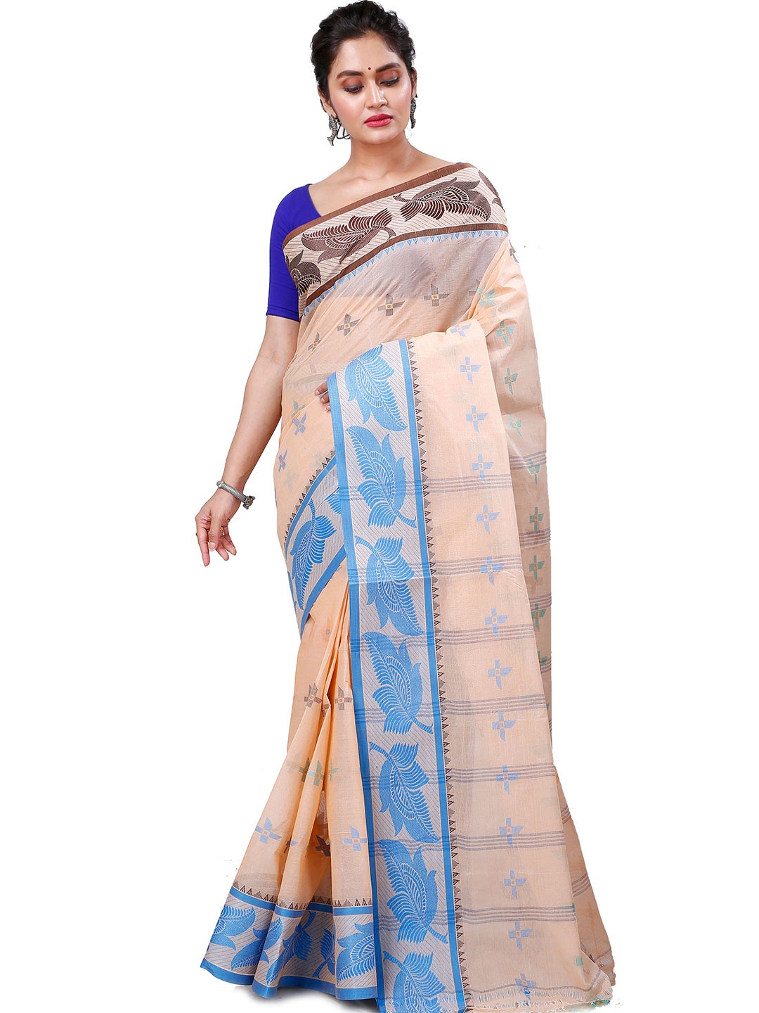 

PuJoy Ethnic Motifs Woven Design Zari Pure Cotton Handloom Taant Saree, Brown