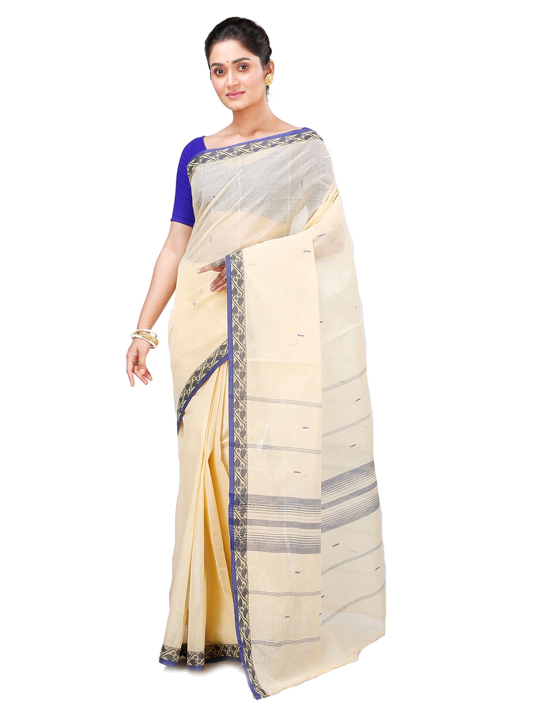 

PuJoy Woven Design Pure Cotton Taant Saree, Cream