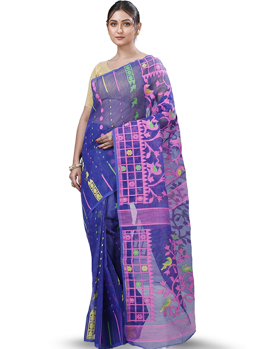 

PuJoy Woven Design Pure Cotton Jamdani Saree, Blue