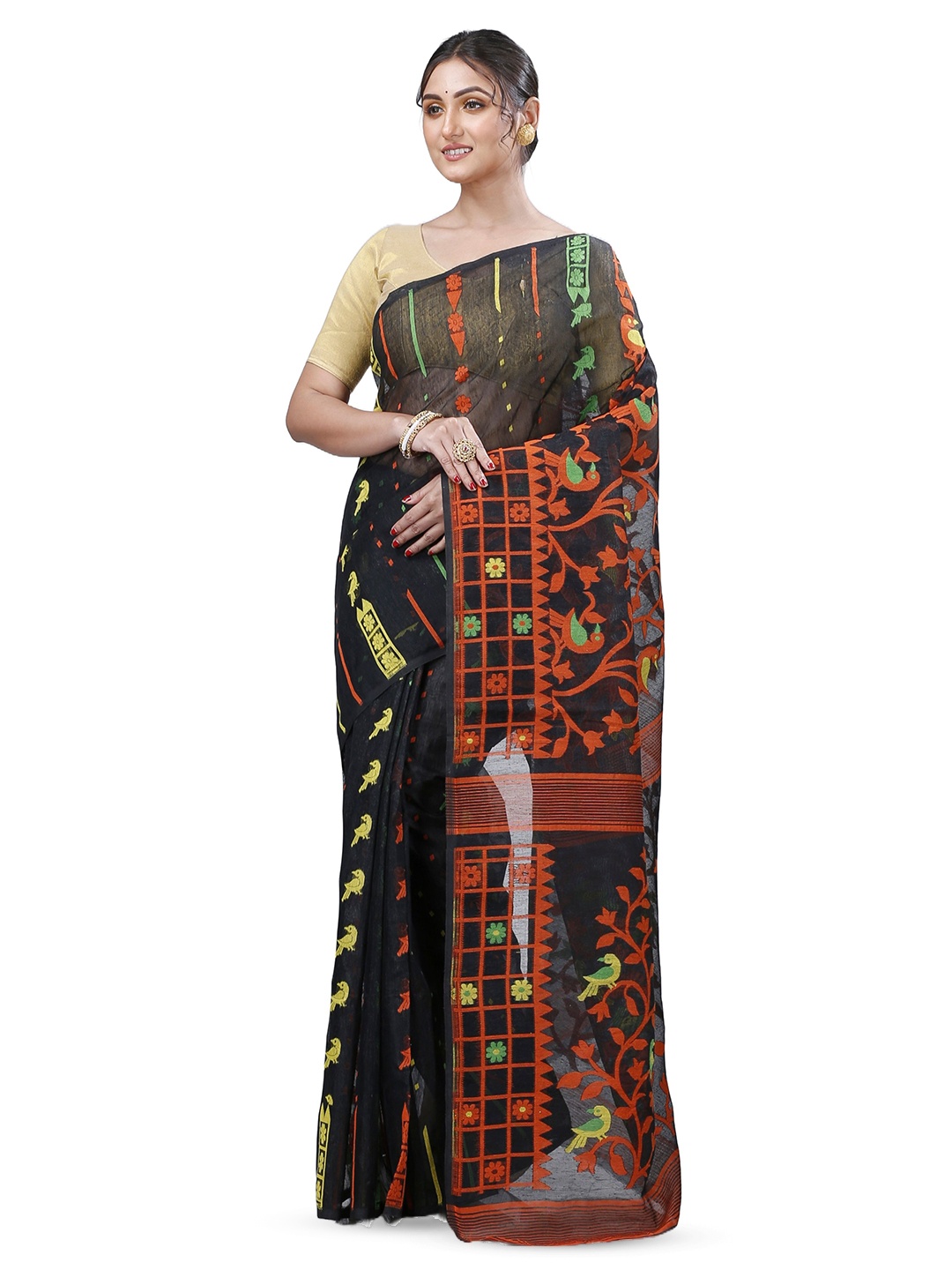 

PuJoy Ethnic Motifs Woven Design Pure Cotton Handloom Jamdani Saree, Black