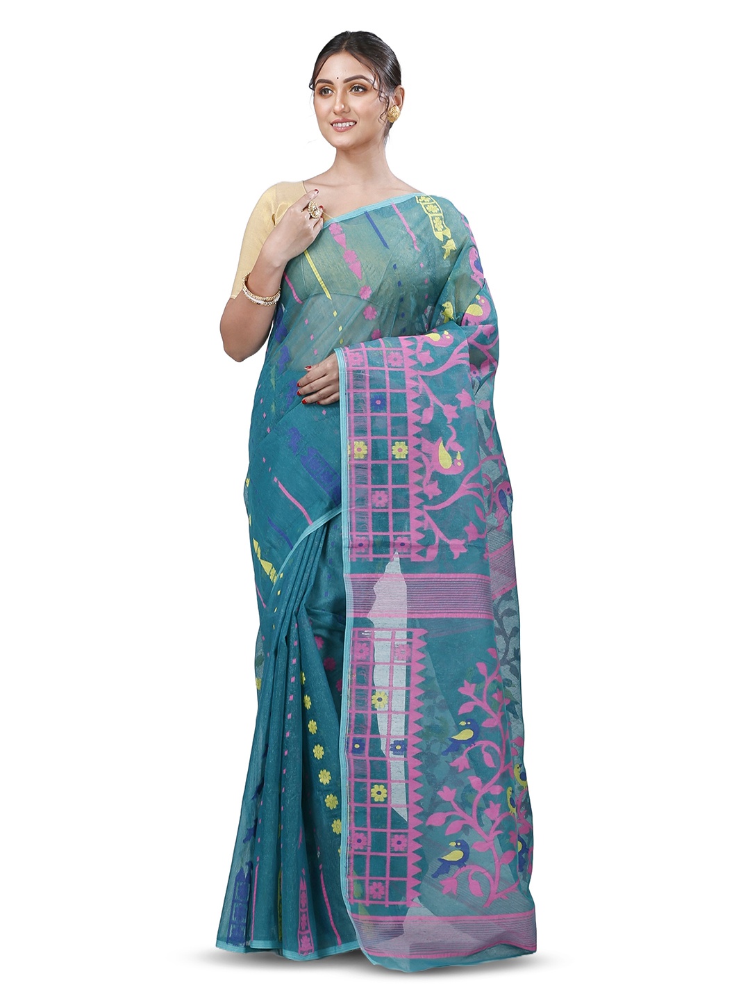 

PuJoy Ethnic Motifs Woven Design Pure Cotton Handloom Jamdani Saree, Green