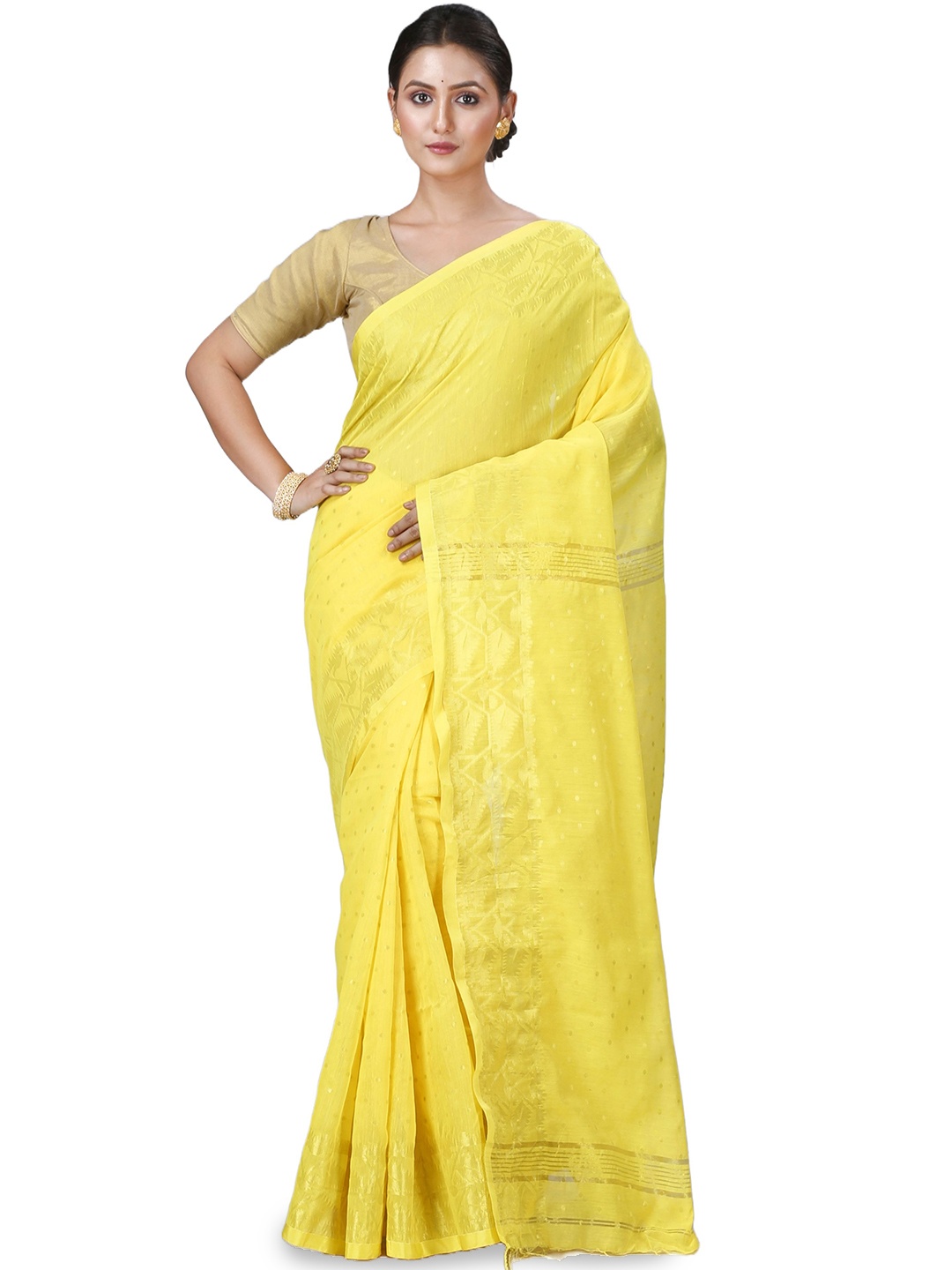 

PuJoy Woven Design Zari Pure Cotton Taant Saree, Yellow
