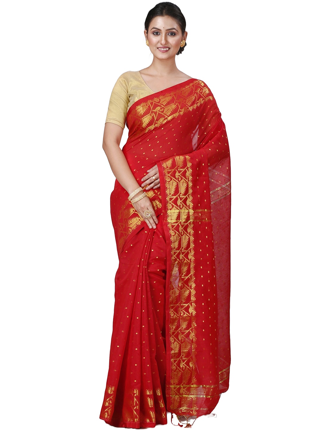 

PuJoy Woven Design Zari Pure Cotton Taant Saree, Red