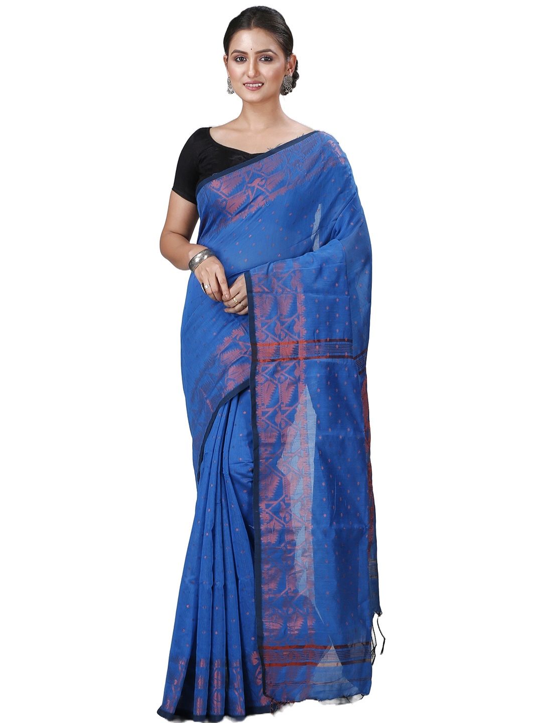 

PuJoy Ethnic Motifs Woven Design Pure Cotton Handloom Taant Saree, Blue