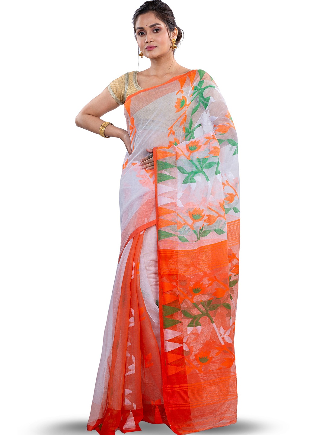 

PuJoy Floral Woven Design Pure Cotton Jamdani Saree, White