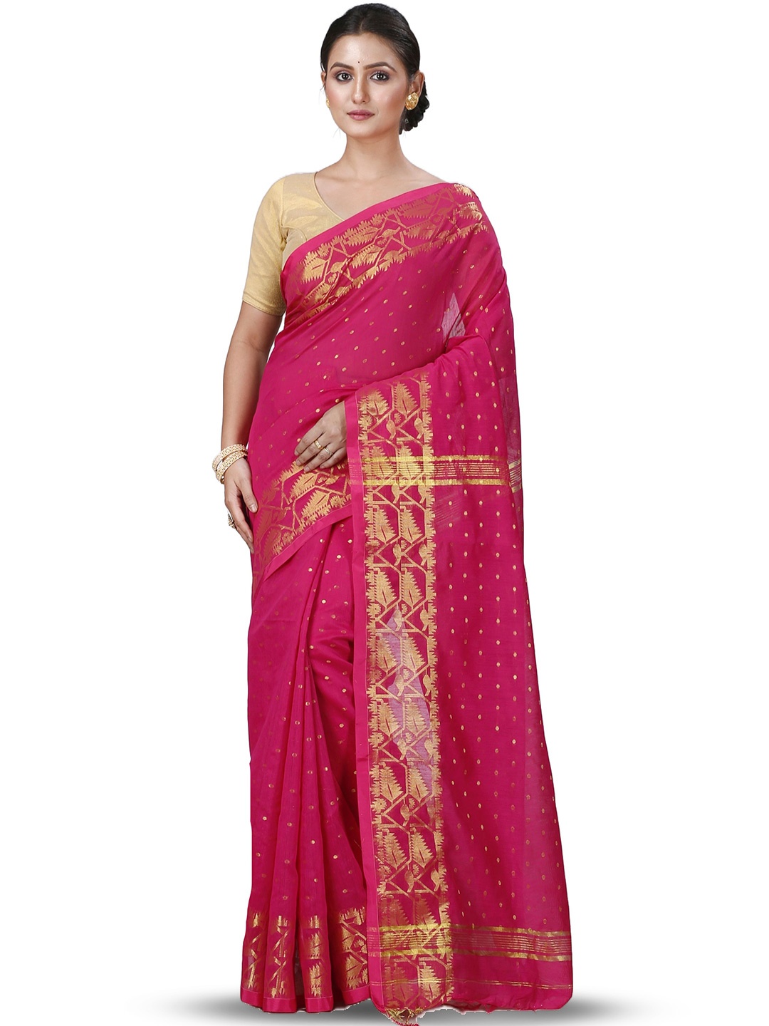 

PuJoy Ethnic Motifs Woven Design Zari Pure Cotton Taant Saree, Pink