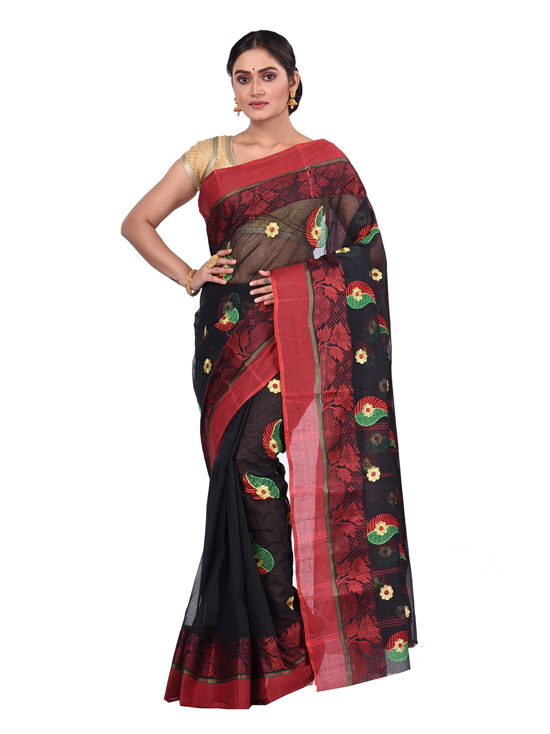 

PuJoy Ethnic Motifs Woven Design Embroidered Pure Cotton Handloom Taant Saree, Black