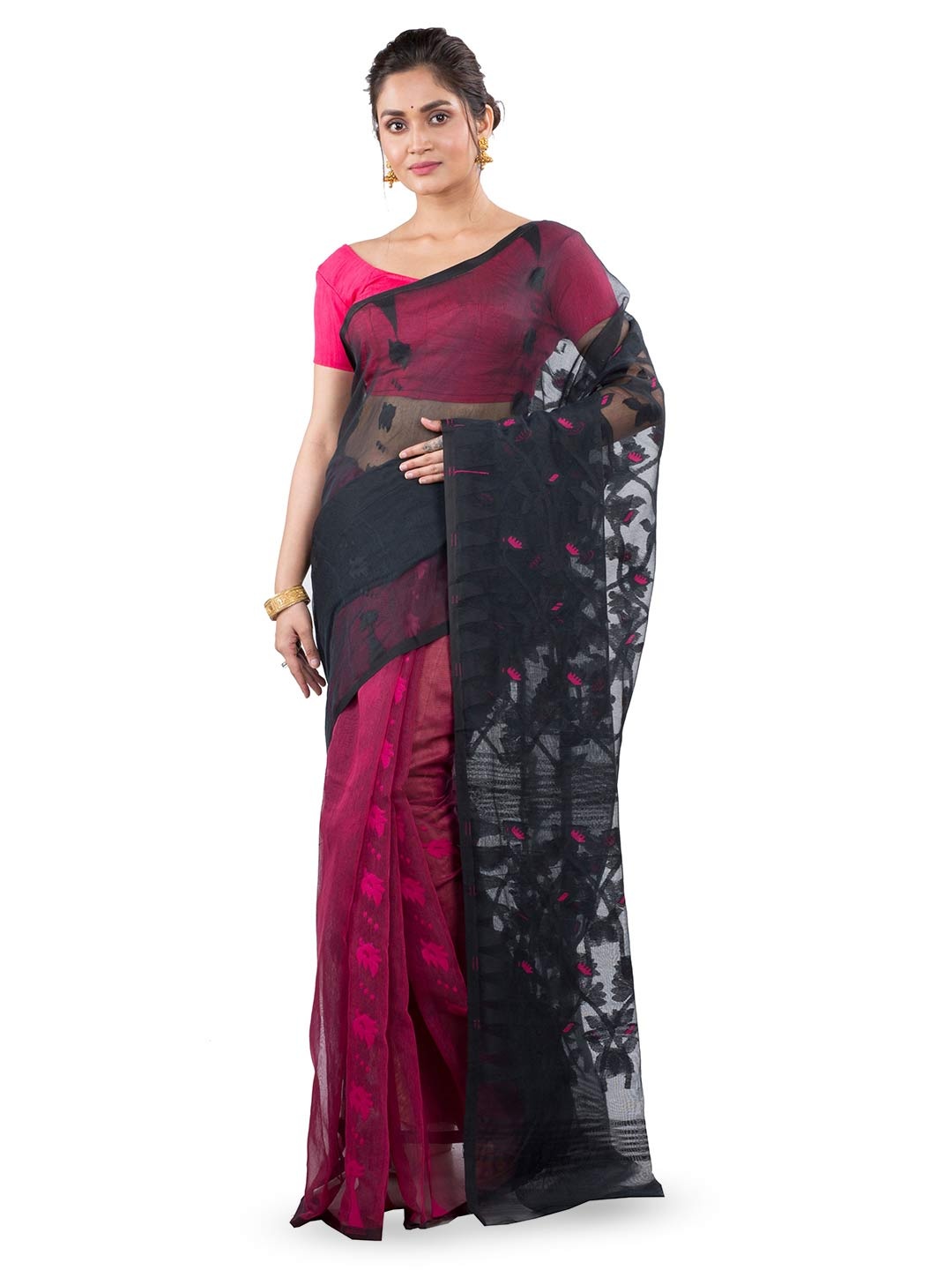 

PuJoy Ethnic Motifs Woven Design Pure Cotton Handloom Jamdani Saree, Black