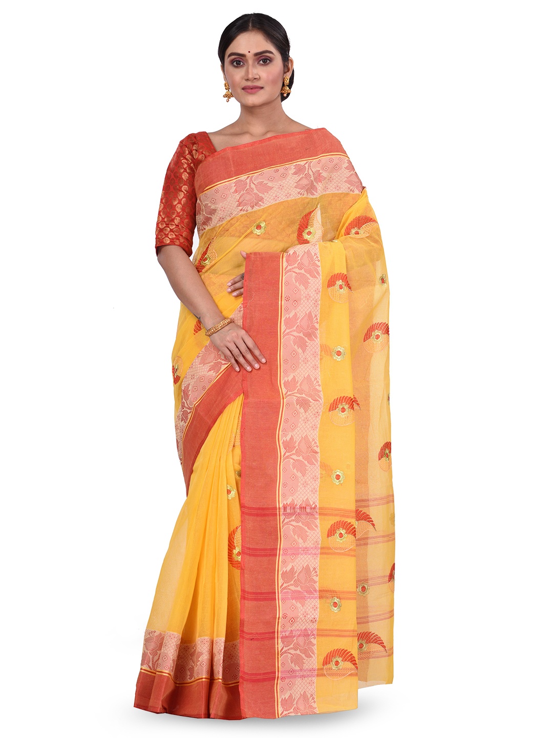 

PuJoy Woven Design Pure Cotton Taant Saree, Yellow