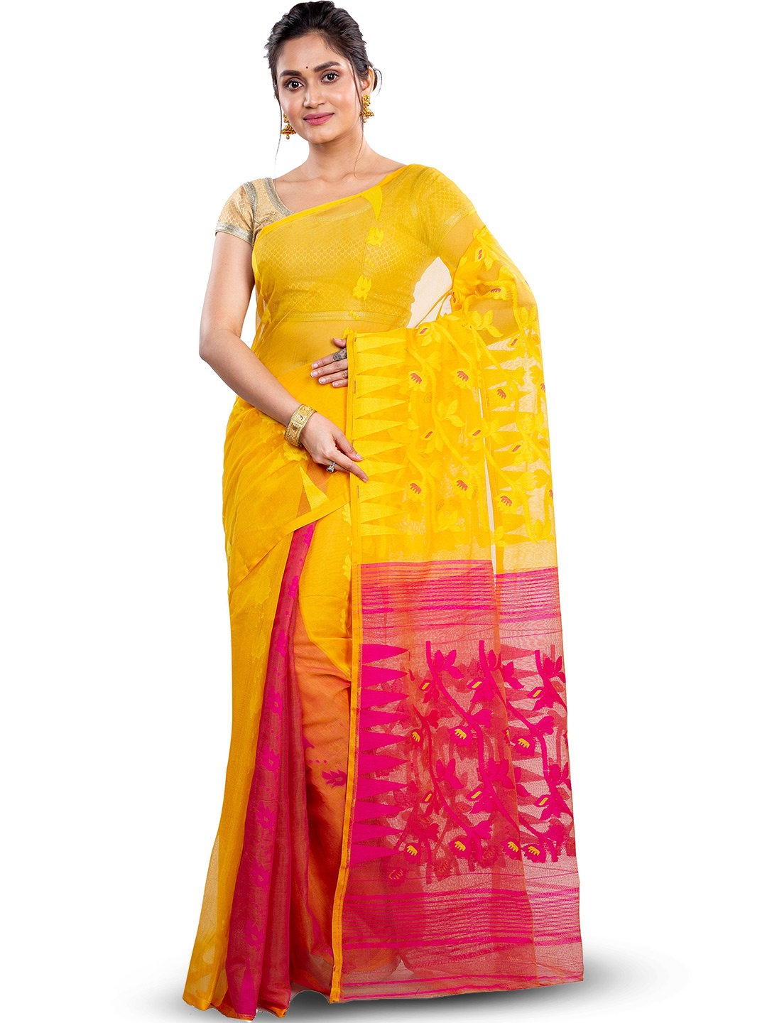 

PuJoy Yellow & Red Woven Design Pure Cotton Jamdani Saree