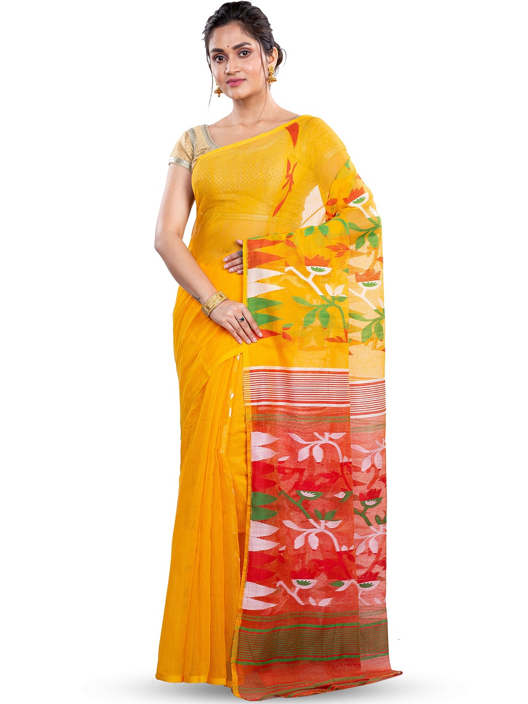 

PuJoy Abstract Woven Design Pure Cotton Handloom Jamdani Saree, Yellow